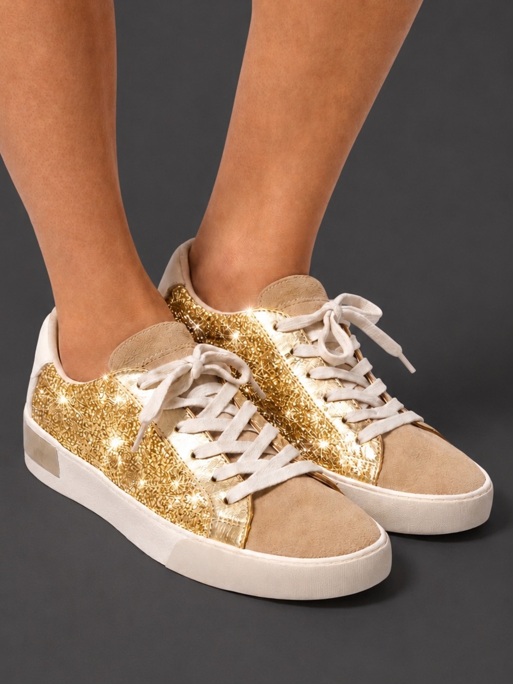 Dolce Vita Gold Glitter and Beige Suede Low-Top Sneakers